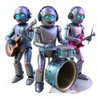 magnificent modern magnificent artistic A group of humanoid robots playing musical instruments, intricate metallic details and glowing accents, illuminated by stage lighting, cyberpunk style... png