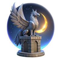 magnificent contemporary dramatic abstract A majestic griffin perched atop a crumbling obsidian tower, illuminated by the ethereal glow of a triple moon, Art Nouveau style 4K authentic png