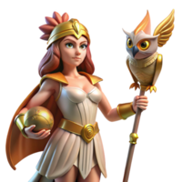 serene abstract extraordinary abstract Athena, goddess of wisdom, stands in a dynamic pose, clad in bronze armor, a gleaming spear in her hand, a majestic owl perched on her shoulder, vibrant... png