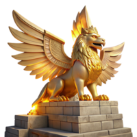extraordinary minimalist impressive contemporary A majestic griffin perched atop a crumbling ziggurat, bathed in the golden light of a setting sun, feathers shimmering with iridescent hues,... png