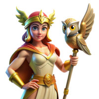 stunning minimalist vibrant abstract Athena, goddess of wisdom, stands in a dynamic pose, clad in bronze armor, a gleaming spear in her hand, a majestic owl perched on her shoulder, vibrant... png
