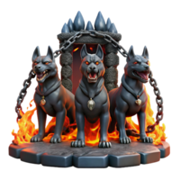 extraordinary modern extraordinary modern A three-headed Cerberus guards the gates of the underworld, glowing lava flows and swirling smoke fill the air, chains made of blackened iron restrain the... png