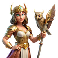 elegant vintage vibrant artistic Athena, goddess of wisdom, stands in a dynamic pose, clad in bronze armor, a gleaming spear in her hand, a majestic owl perched on her shoulder, vibrant colors,... png