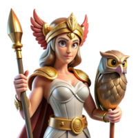 serene vintage impressive creative Athena, goddess of wisdom, stands in a dynamic pose, clad in bronze armor, a gleaming spear in her hand, a majestic owl perched on her shoulder, vibrant colors,... png