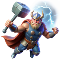 magnificent contemporary beautiful artistic Thor, the Norse god of thunder, hurls Mjolnir across a stormy sky, crackling lightning illuminates his muscular form, runes etched onto his hammer, epic... png
