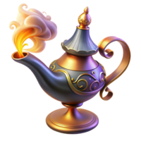elegant abstract serene rustic A powerful djinn emerges from a ornate lamp, swirling smoke and glowing embers fill the air, intricate Arabic calligraphy adorns the lamp, orientalist style... png