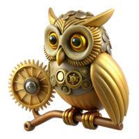 extraordinary contemporary magnificent rustic A steampunk owl perched on a gear-covered branch, intricate clockwork feathers, warm golden light, hyperrealistic style high resolution professional png
