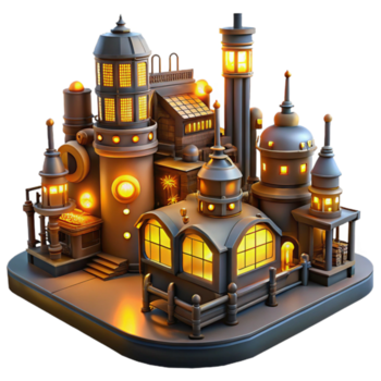 impressionante artístico elegante tradicional uma steampunk paisagem urbana às noite, iluminado de tremeluzente lamparinas e néon sinais, esquentar, laranja e amarelo matizes, cyberpunk estilo profissional genuíno png