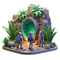 magnificent abstract stunning artistic A group of explorers discovering a hidden portal in a dense alien jungle, dappled sunlight and shadows, fantasy art style original high resolution png