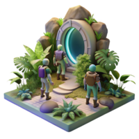 stunning contemporary beautiful classic A group of explorers discovering a hidden portal in a dense alien jungle, dappled sunlight and shadows, fantasy art style 4K 4K png