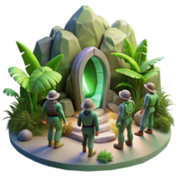 wonderful modern elegant vintage A group of explorers discovering a hidden portal in a dense alien jungle, dappled sunlight and shadows, fantasy art style genuine high quality png