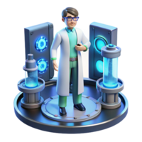 beautiful modern elegant artistic A scientist working in a futuristic laboratory, surrounded by holographic displays and advanced technology, cool blue lighting, minimalist style authentic... png