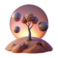vibrant contemporary dramatic abstract A lone tree standing on a desolate planet with two moons in the sky, melancholic sunset lighting, surreal style exclusive high quality png