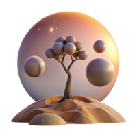extraordinary creative magnificent creative A lone tree standing on a desolate planet with two moons in the sky, melancholic sunset lighting, surreal style professional authentic png