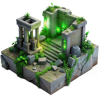 serene abstract magnificent rustic Post-apocalyptic ruins, crumbling concrete, overgrown with vegetation, eerie green light, dystopian, premium exclusive png