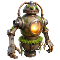 dramatic vintage stunning contemporary A decaying steampunk robot, vines and moss growing over its metallic frame, lit by a single ray of light piercing through the clouds premium high resolution png