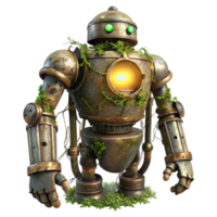 magnificent creative stunning rustic A decaying steampunk robot, vines and moss growing over its metallic frame, lit by a single ray of light piercing through the clouds high resolution detailed png