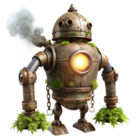 dramatic vintage magnificent vintage A decaying steampunk robot, vines and moss growing over its metallic frame, lit by a single ray of light piercing through the clouds high quality original png
