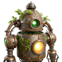 wonderful artistic vibrant abstract A decaying steampunk robot, vines and moss growing over its metallic frame, lit by a single ray of light piercing through the clouds original exclusive png
