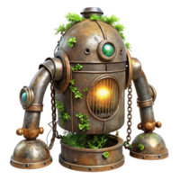 elegant minimalist extraordinary minimalist A decaying steampunk robot, vines and moss growing over its metallic frame, lit by a single ray of light piercing through the clouds original exclusive png