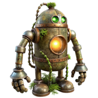 elegant artistic dramatic rustic A decaying steampunk robot, vines and moss growing over its metallic frame, lit by a single ray of light piercing through the clouds detailed exclusive png