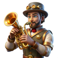 vibrant rustic elegant creative A portrait of a steampunk musician playing a brass instrument with intricate clockwork embellishments, lit by the warm glow of stage lights authentic professional png