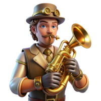 serene artistic wonderful abstract A portrait of a steampunk musician playing a brass instrument with intricate clockwork embellishments, lit by the warm glow of stage lights authentic professional png