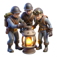 elegante minimalista deslumbrante minimalista uma grupo do steampunk exploradores examinando uma misterioso artefato, aceso de a tremeluzente luz do seus lanternas, Sombrio e misterioso estilo Alto qualidade original png