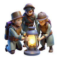 stunning abstract impressive classic A group of steampunk explorers examining a mysterious artifact, lit by the flickering light of their lanterns, dark and mysterious style professional detailed png