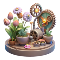 dramatic vintage serene creative A serene scene of a steampunk garden, filled with mechanical flowers and robotic butterflies, lit by the soft glow of artificial sunlight premium professional png