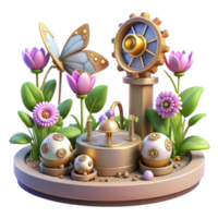 magnificent creative beautiful contemporary A serene scene of a steampunk garden, filled with mechanical flowers and robotic butterflies, lit by the soft glow of artificial sunlight original 4K png