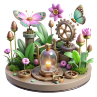 impressive classic magnificent minimalist A serene scene of a steampunk garden, filled with mechanical flowers and robotic butterflies, lit by the soft glow of artificial sunlight original high... png