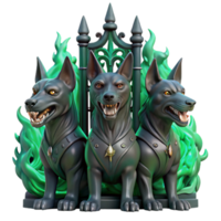 extraordinary traditional magnificent minimalist A three-headed Cerberus, each head a distinct breed of dog, guarding the gates of Hades, which are wrought of blackened iron and wreathed in... png