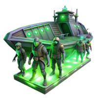 extraordinary rustic stunning minimalist A group of space pirates boarding a derelict spaceship, eerie green lighting, digital painting style detailed original png
