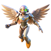 stunning classic wonderful abstract A humanoid robot with bird-like wings flying over a futuristic city, sunset lighting, anime style high quality genuine png