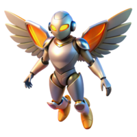 magnificent abstract elegant classic A humanoid robot with bird-like wings flying over a futuristic city, sunset lighting, anime style detailed exclusive png