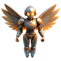magnificent minimalist magnificent creative A humanoid robot with bird-like wings flying over a futuristic city, sunset lighting, anime style professional exclusive png