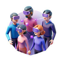 impressive vintage wonderful classic A group of people wearing virtual reality headsets interacting in a virtual world, illustrated in a stylized, low-poly style, with bright, neon lighting... png