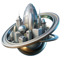 impressive modern impressive artistic A towering, chrome metropolis built on the rings of Saturn, Art Deco architecture, bathed in the cool, ethereal light of the planet's rings.... png