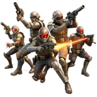 magnificent vintage beautiful creative A group of space pirates in tattered leather and chrome armor engage in a laser gunfight aboard a derelict spaceship.... png