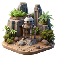 dramatic rustic stunning creative A solitary, robotic probe explores the ruins of an ancient alien temple on a jungle-covered planet. Atmospheric, moody, hyperrealistic exclusive premium png
