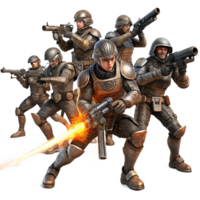 serene contemporary impressive traditional A group of space pirates in tattered leather and chrome armor engage in a laser gunfight aboard a derelict spaceship.... png