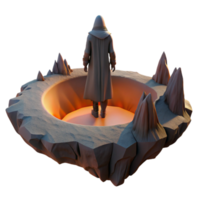 elegant creative magnificent contemporary A lone figure in a hooded cloak stands on the edge of a giant crater overlooking a desolate alien landscape.... png