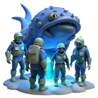 wonderful abstract dramatic artistic A group of explorers in advanced diving suits discover a colossal, bioluminescent creature in the depths of an alien ocean.... png