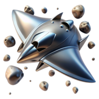 stunning modern beautiful vintage A sleek, chrome spaceship, shaped like a manta ray, soaring through a field of asteroids. Dynamic lighting and motion blur create a sense of speed and agility.... png