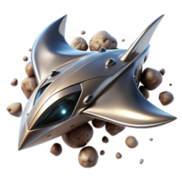 stunning abstract extraordinary artistic A sleek, chrome spaceship, shaped like a manta ray, soaring through a field of asteroids.... png