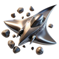 elegant vintage magnificent contemporary A sleek, chrome spaceship, shaped like a manta ray, soaring through a field of asteroids.... png
