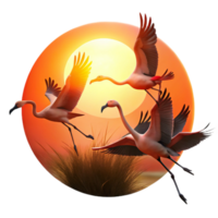 impressive abstract beautiful modern A flock of flamingos taking flight against a fiery sunset, silhouette, dramatic lighting, exclusive professional png
