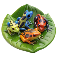 wonderful abstract serene abstract A group of colorful poison dart frogs gathered on a large leaf, rainforest setting, vibrant, macro photography, professional high quality png