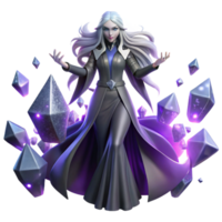vibrant creative magnificent vintage A lone, ethereal sorceress with flowing silver hair and glowing purple eyes, levitating above shattered crystals, bathed in the iridescent light of a dying... png